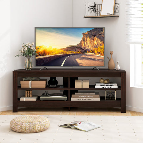 Corner TV Stand with Power Outlet and 4 Open Storage Shelves-Brown