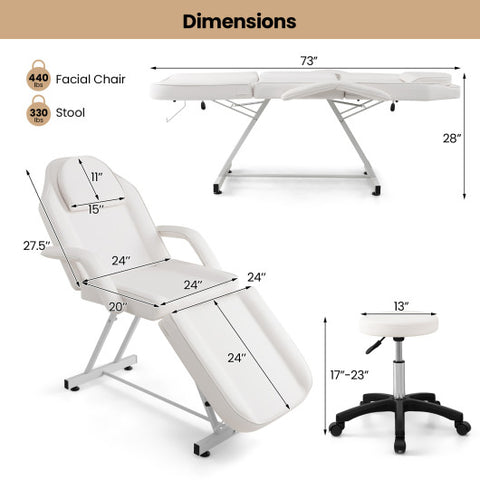 73 Inch Facial Chair Set with Removable Headrest Detachable Armrests and Towel Rack-White