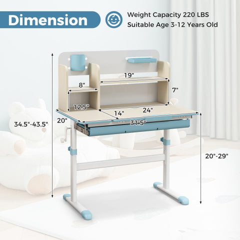 Height Adjustable Kids Study Desk with Tilt Desktop for 3-12 Years Old-Blue