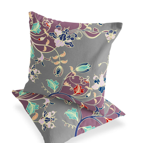 Set of Two 18" Purple Botanical Indoor Outdoor Throw Pillow Cover and Insert