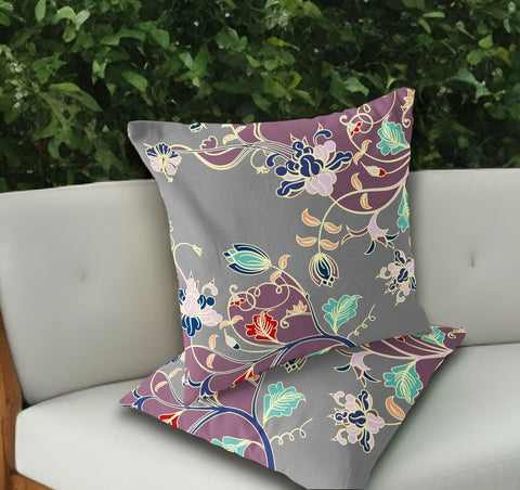 Set of Two 18" Purple Botanical Indoor Outdoor Throw Pillow Cover and Insert