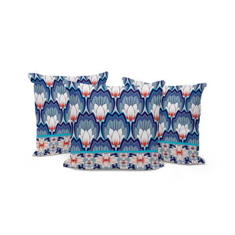 Set of Three 16" Blue and Orange Botanical Indoor Outdoor Throw Pillow Cover and Insert