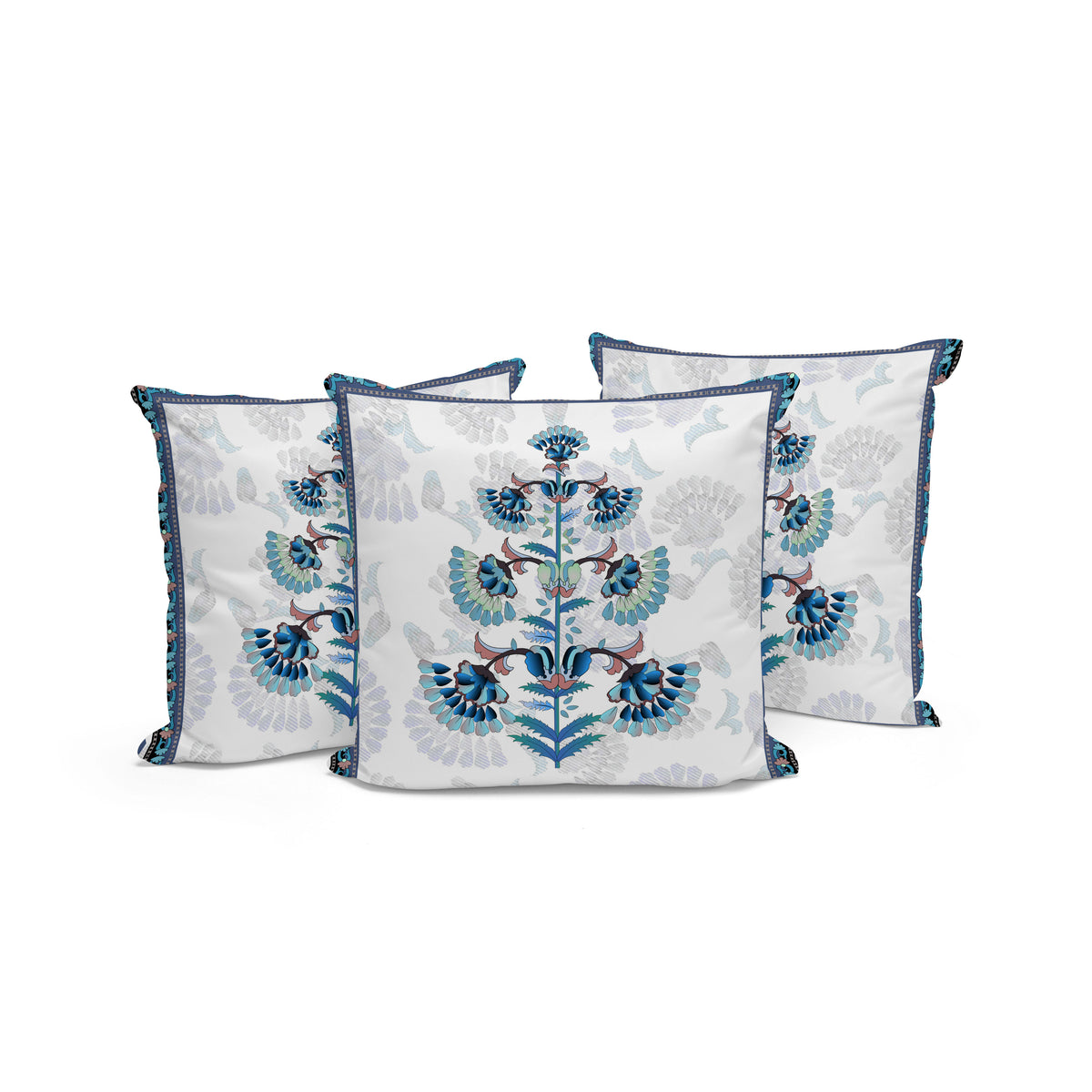 Set of Three 16" Blue and Off White Botanical Indoor Outdoor Throw Pillow Cover and Insert