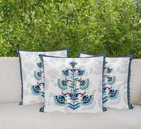 Set of Three 16" Blue and Off White Botanical Indoor Outdoor Throw Pillow Cover and Insert