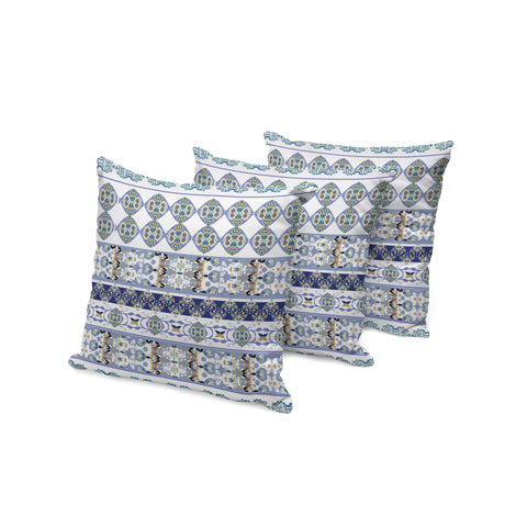 Set of Three 16" Blue and White Striped Indoor Outdoor Throw Pillow Cover and Insert