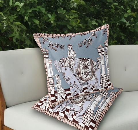 Set of Two 18" Blue Elephant Indoor Outdoor Throw Pillow Cover and Insert