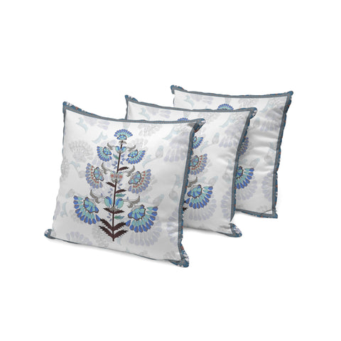 Set of Three 16" Blue and Off White Botanical Indoor Outdoor Throw Pillow Cover and Insert