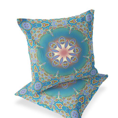 Set of Two 18" Blue Abstract Indoor Outdoor Throw Pillow Cover and Insert