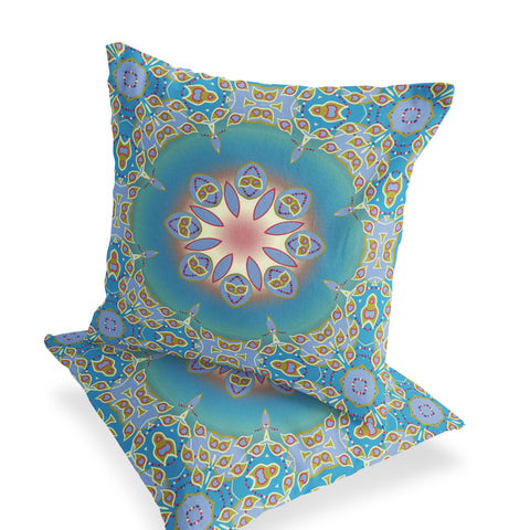 Set of Two 18" Blue Abstract Indoor Outdoor Throw Pillow Cover and Insert