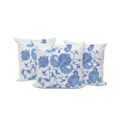 Set of Three 16" Blue and White Botanical Indoor Outdoor Throw Pillow Cover and Insert