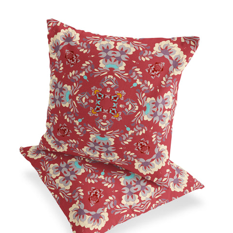 Set of Two 18" Red Geometric Indoor Outdoor Throw Pillow Cover and Insert