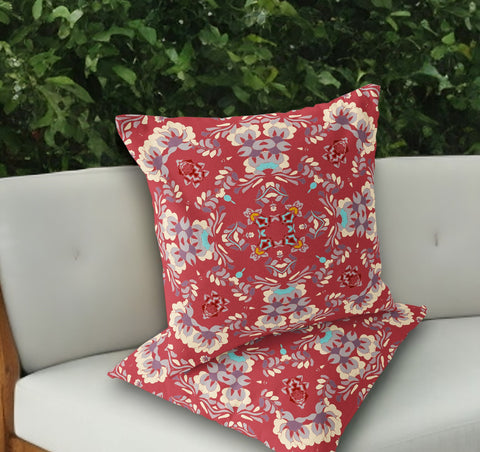 Set of Two 18" Red Geometric Indoor Outdoor Throw Pillow Cover and Insert