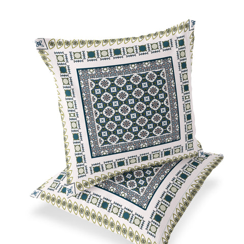 Set of Two 18" White Botanical Indoor Outdoor Throw Pillow Cover and Insert