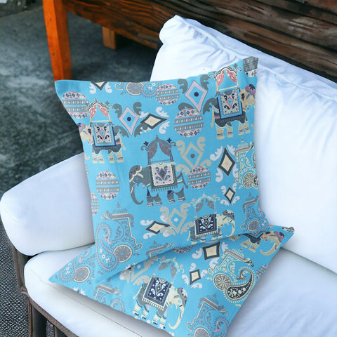 Set of Two 18" Blue Elephant Abstract Indoor Outdoor Throw Pillow Cover and Insert