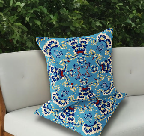 Set of Two 18" Blue Geometric Indoor Outdoor Throw Pillow Cover and Insert