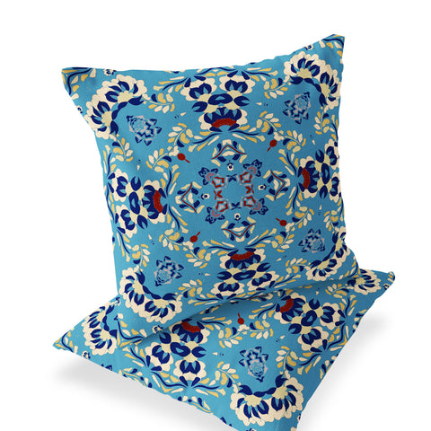 Set of Two 18" Blue Geometric Indoor Outdoor Throw Pillow Cover and Insert