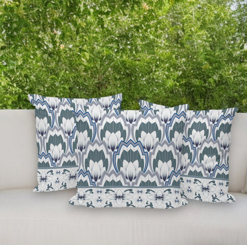 Set of Three 16" Gray and White Botanical Indoor Outdoor Throw Pillow Cover and Insert