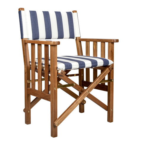 Blue and White And Brown Solid Wood Director Chair With Blue and White Cushion