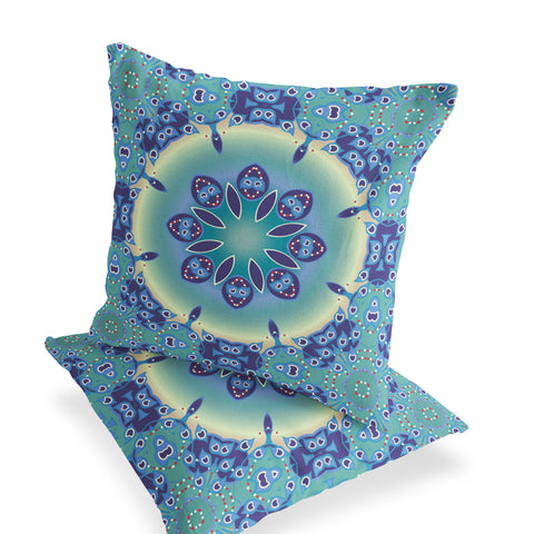 Set of Two 18" Blue Abstract Indoor Outdoor Throw Pillow Cover and Insert