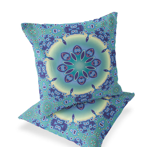 Set of Two 18" Blue Abstract Indoor Outdoor Throw Pillow Cover and Insert