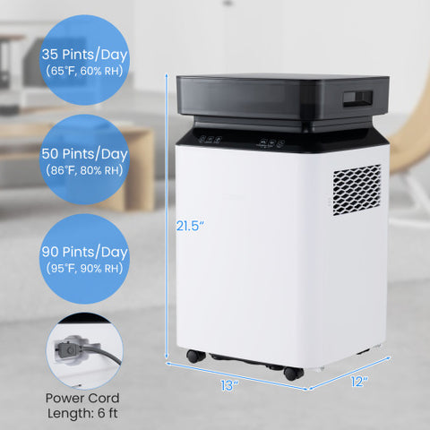 70/90 Pint 4500/6000 Sq. Ft Dehumidifier with Continuous and Auto Mode-90 Pints