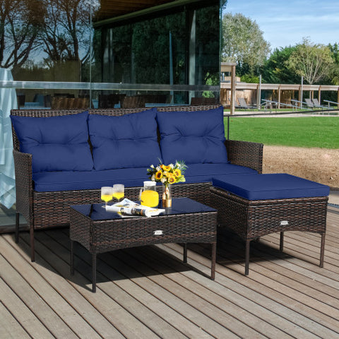 3 Pieces Patio Furniture Sectional Set with 5 Cozy Cushions-Navy