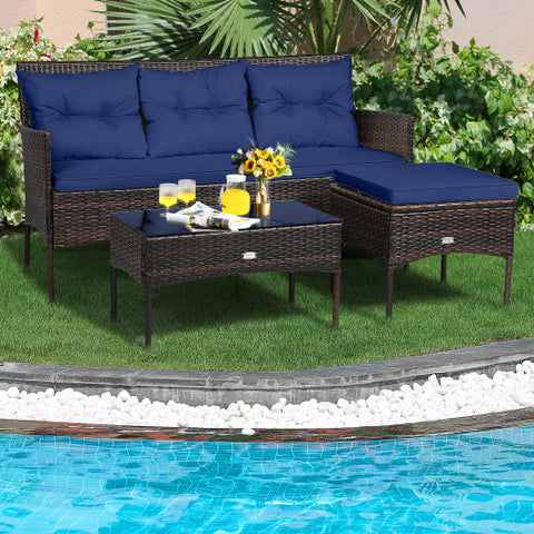 3 Pieces Patio Furniture Sectional Set with 5 Cozy Cushions-Navy