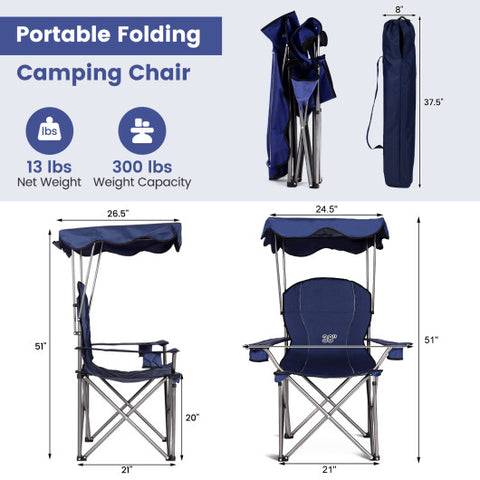 Costway Portable Folding Beach Canopy Chair with Cup Holders Blue