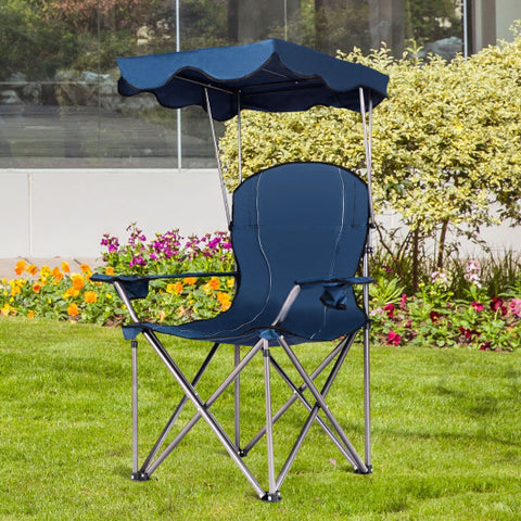 Costway Portable Folding Beach Canopy Chair with Cup Holders Blue