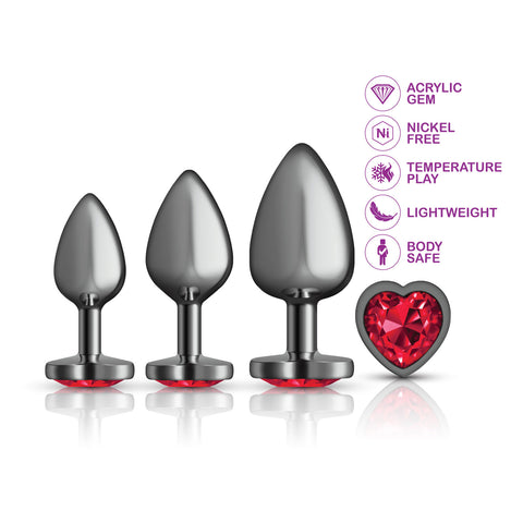 Presale Only - Cheeky Charms - Metal Butt Plug  Gunmetal - Heart Dark Red - Anal Trainer Kit