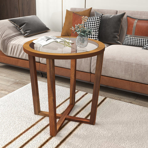 Modern Round End Table Sofa Side Table with Transparent Tempered Glass Top-Brown