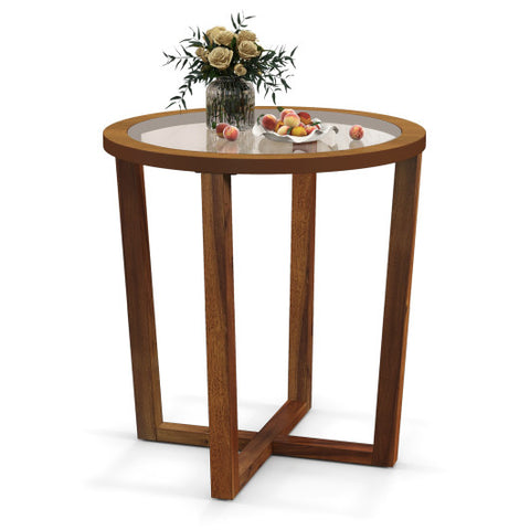 Modern Round End Table Sofa Side Table with Transparent Tempered Glass Top-Brown