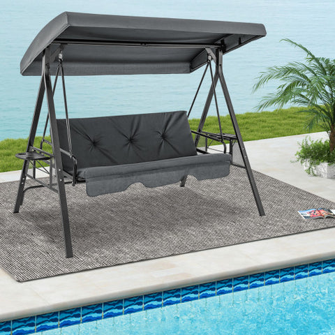 Convertible 3-Seat Patio Porch Swing Chair to Flat Bed with Adjustable Canopy-Gray