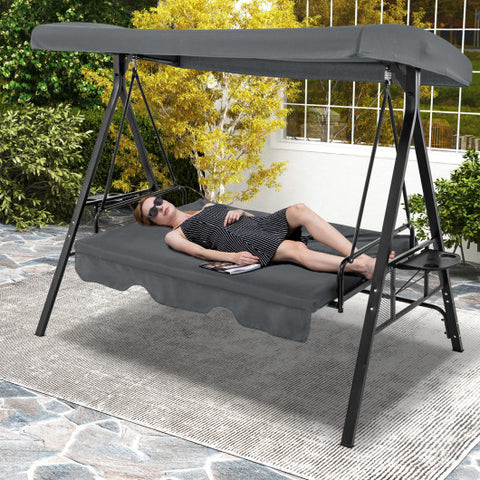 Convertible 3-Seat Patio Porch Swing Chair to Flat Bed with Adjustable Canopy-Gray