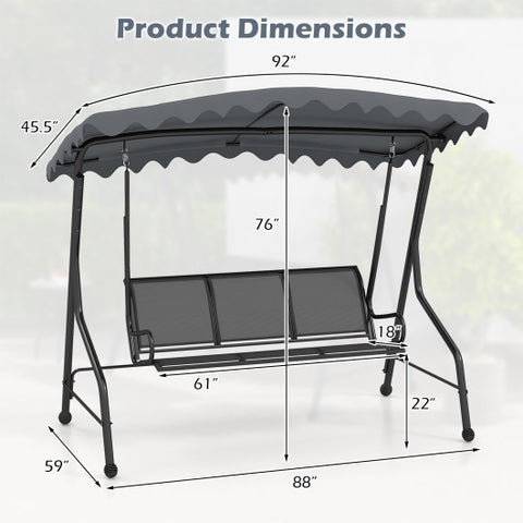 3-Seat Outdoor Porch Canopy Swing with Adjustable Shading-Gray