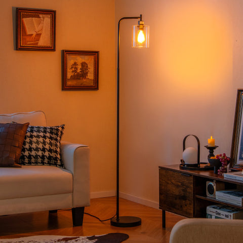 Modern Floor Lamp with Hanging Glass Lampshade and Foot Switch-Black