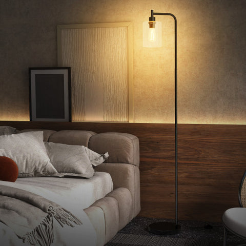 Modern Floor Lamp with Hanging Glass Lampshade and Foot Switch-Black