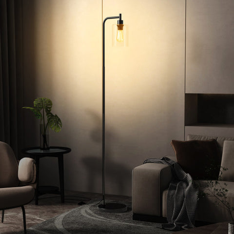 Modern Floor Lamp with Hanging Glass Lampshade and Foot Switch-Black