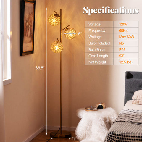 3-Globe Floor Lamp with Foot Switch and 3 E26 Bulb Bases-Golden