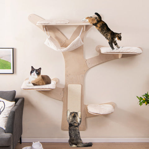 Wall-Mounted Cat Tower with Hammock Platforms and Sisal Scratching Mat-Natural