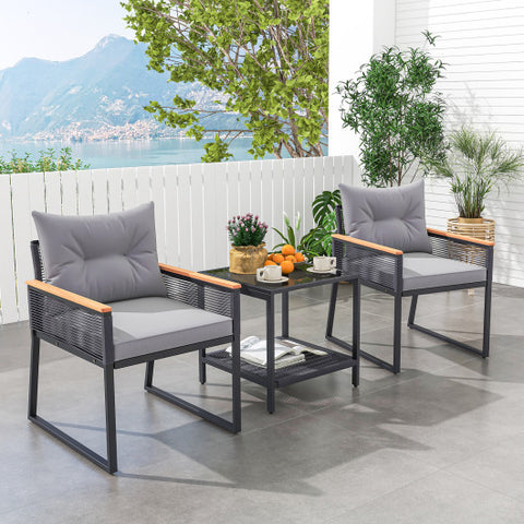 3 Pieces Patio Furniture Set with 2 Tier Coffee Table and Soft Seat Cushions-Gray