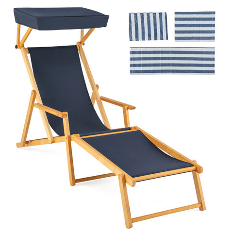 Birch Wood Chaise Lounge Chair Foldable Beach Chair with Adjustable Canopy-Navy