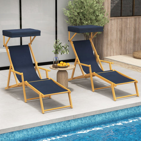 Birch Wood Chaise Lounge Chair Foldable Beach Chair with Adjustable Canopy-Navy