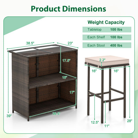 3 Pcs Patio Bar Set with Tempered Glass Tabletop-Brown