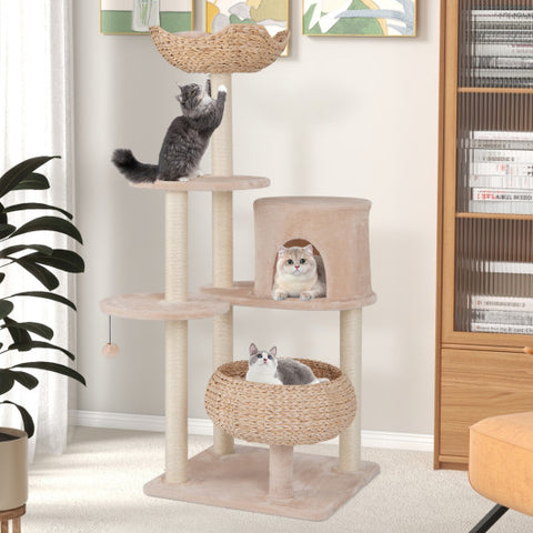 59 Inches Cattail Cat Tower with Sisal Scratching Posts and Soft Hammock-Beige