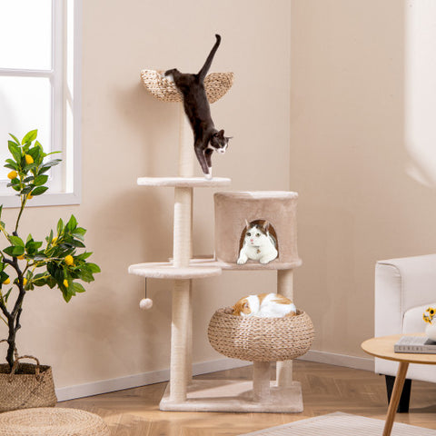 59 Inches Cattail Cat Tower with Sisal Scratching Posts and Soft Hammock-Beige