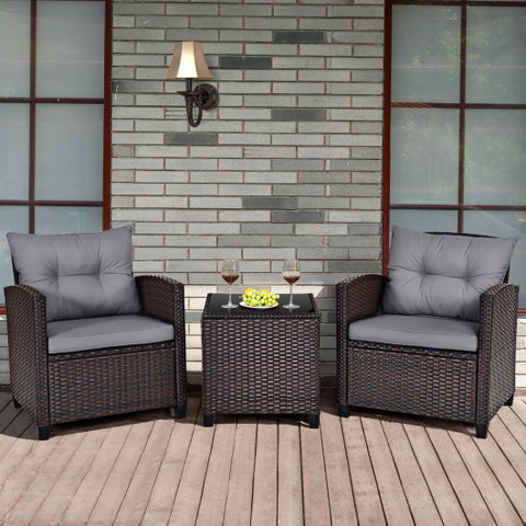 3 Pieces Rattan Patio Furniture Set with Washable Cushion-Gray