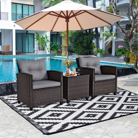 3 Pieces Rattan Patio Furniture Set with Washable Cushion-Gray