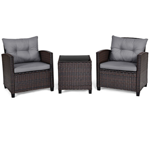 3 Pieces Rattan Patio Furniture Set with Washable Cushion-Gray