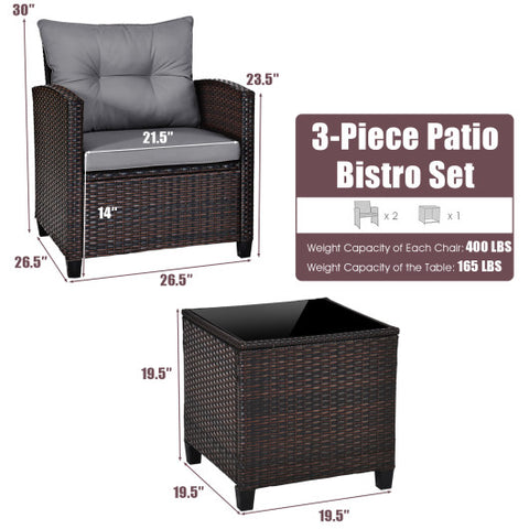 3 Pieces Rattan Patio Furniture Set with Washable Cushion-Gray